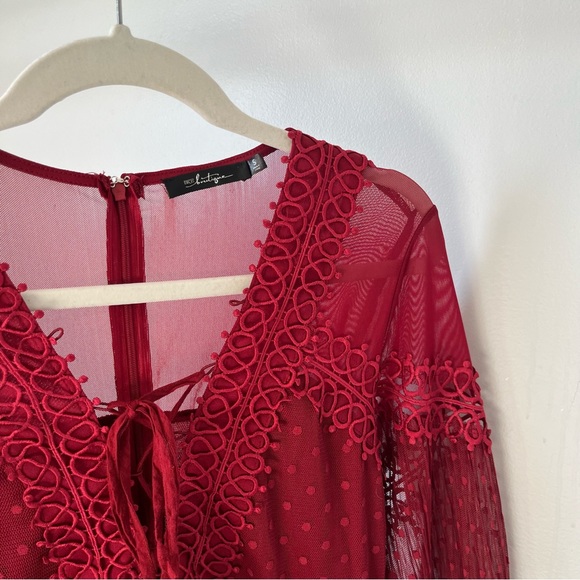 🩷BKE BOUTIQUE SHIRT RED LONG SLEEVE MESH PLEATED TULLE LACE UP SIZE SMALL - Picture 11 of 14